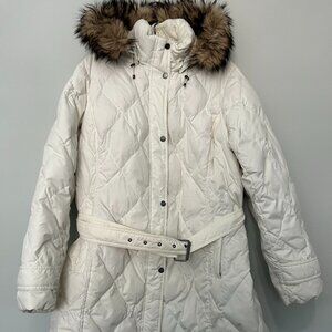 Lands' End Women's Cream Belted Down Parka w/Faux Fur Trim Sz 1X